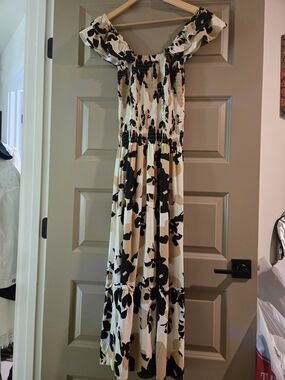 ebba Black, Beige, & Cream Smocked Maxi Dress